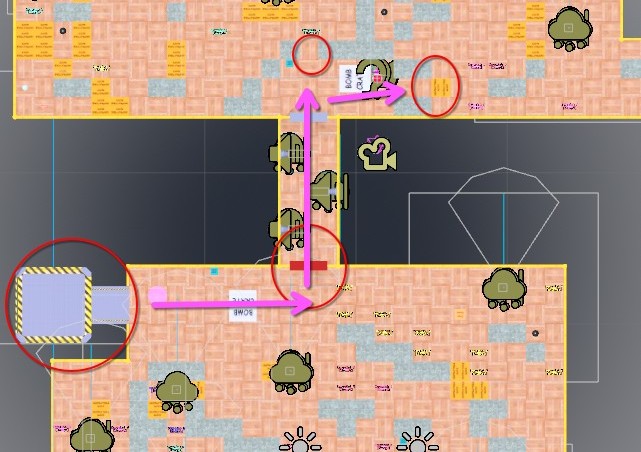 A top down view of the map illustrating the path the player must take to reach the problematic obstacles