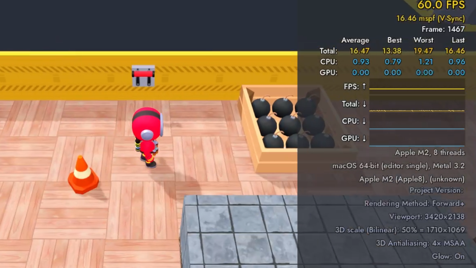 A screenshot showing a development build of the game running on Apple hardware